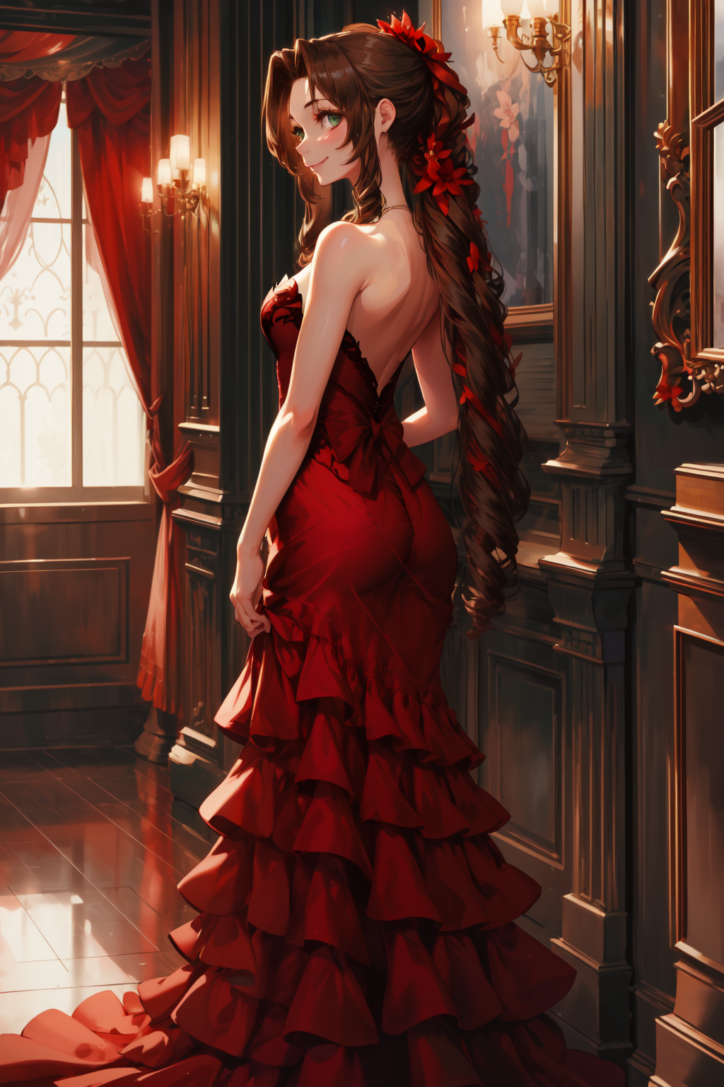 masterpiece,best quality,1girl,aerith gainsborough,very long hair,hair ribbons,hair flowers,strapless red dress,high heels...